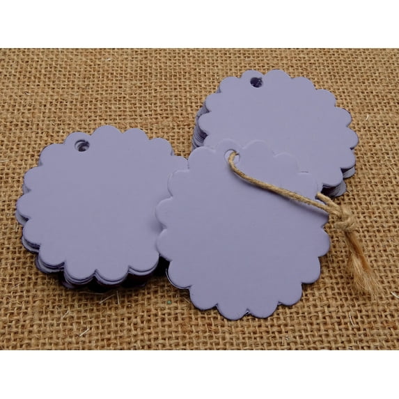 100 Pcs Scalloped Blank Wedding Hang Tag Bonbonniere Favor Lolly Bag Gift Tags with Jute Twines - Colors Available