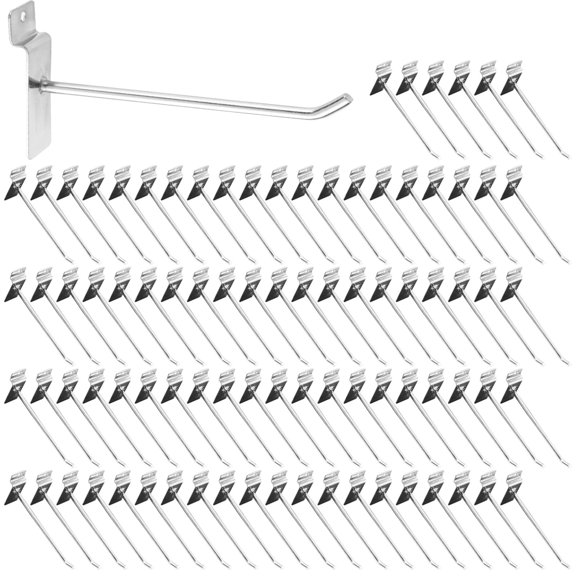 100 Pcs Slatwall Panel Hooks, Metal Retail Display Pegboard Accessories, Heavy-Duty Slat Wall Hanging Hooks, Silver Store Fixtures, Garage Storage Wall Hangers for Tools