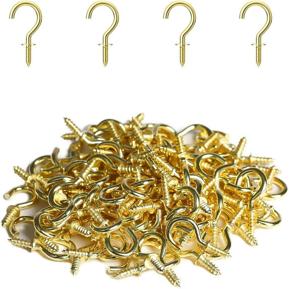 100 Pcs Small Screw Hooks, 1/2 Inch Gold Mini Screw in Jewelry Hooks Tiny Metal Screw Wood Ceiling Wall Hooks for Jewelries Crafts Keys Caps Plants String Lights Wind Chimes