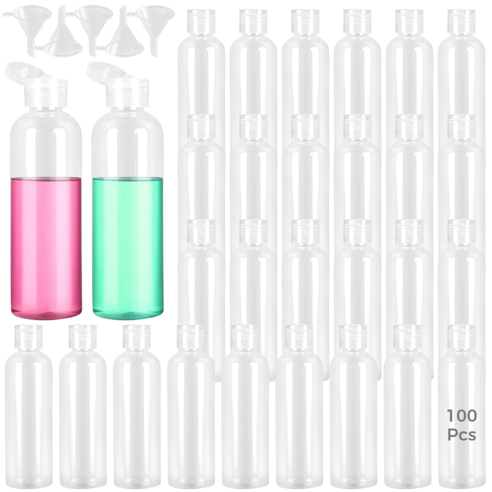 100 Pcs Small Travel Bottles, 3.4 oz Refillable Empty Containers with Flip Caps, Clear Plastic Liquid Dispensers, Leak-Proof Squeeze Bottles with 5 Funnels for Shampoo, Lotion, Cream