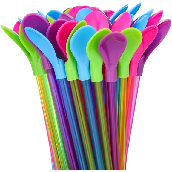 100 Pcs Snow Cone Spoon Straws Hard Plastic 9.3 Inch Detachable Reusable Long Milkshake Straws for Drinking Snow Cone Ice Cream Coffee Kitchen Stirring Utensil Supplies, Assorted Colors