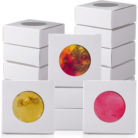 100 Pcs Soap Boxes for Homemade, 3 x 3 x 1.2 Inch Small Paper Gift Packaging Boxes with Window, Gift Wrappers for Soap Packaging Making Party Favor(Round,White)