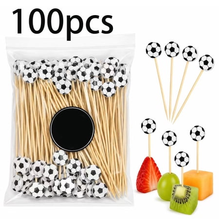 100 Pcs Soccer Party Picks, 5.3 Inch / 13.5 cm Bamboo Cocktail Toothpicks with Soccer Ball Toppers, Decorative Food Picks for Fruit, Cupcakes, Appetizers, Snacks, Sports Theme Party Supplies