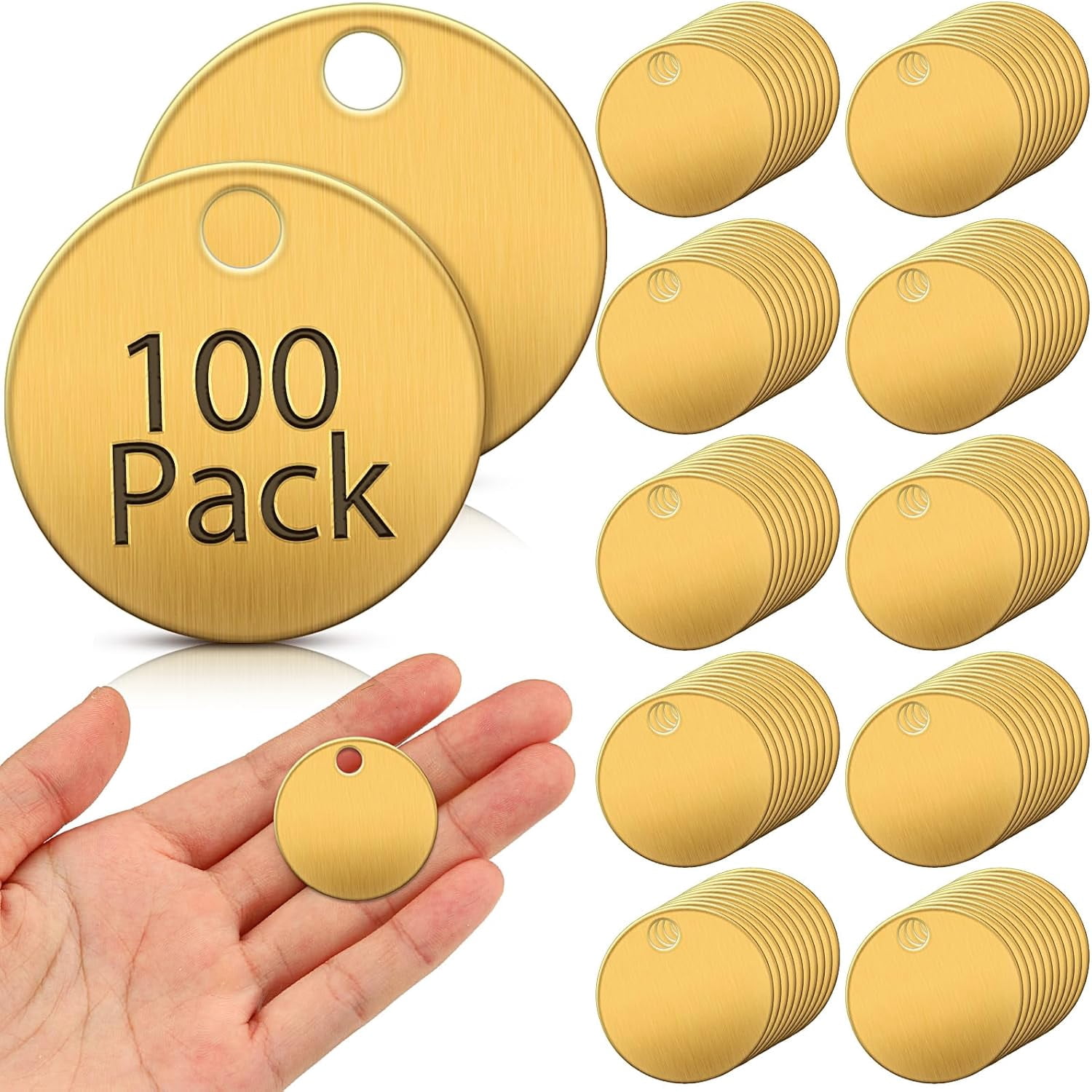 100 Pcs Solid Tags for Stamping Round Key Tags Blanks with Hole for Pets Plants Doors Pipe Valves Equipment Tool and Keys Labeling (Brass,1.25 Inch)