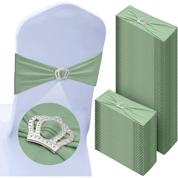 100 Pcs Spandex Chair Sashes with Crown Buckle Slider Stretch Chair Bands Cover Ties for Wedding, Banquet, Gala, Corporate Event, Birthday Party, Baby Shower(Sage Green)