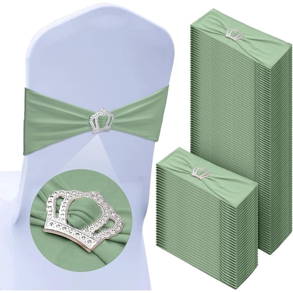 100 Pcs Spandex Chair Sashes with Crown Buckle Slider Stretch Chair Bands Cover Ties for Wedding, Banquet, Gala, Corporate Event, Birthday Party, Baby Shower(Sage Green)