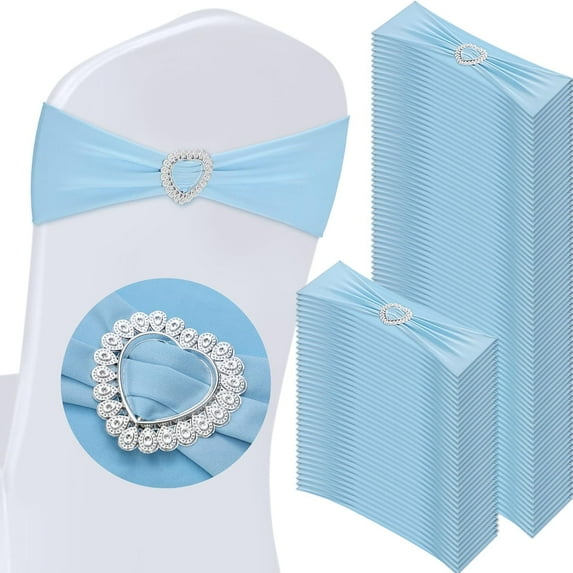 100 Pcs Spandex Chair Sashes with Heart Shaped Buckle Slider Stretch Chair Cover Band Universal Elastic Ties for Wedding Banquet Event Party Decoration(Sky Blue)