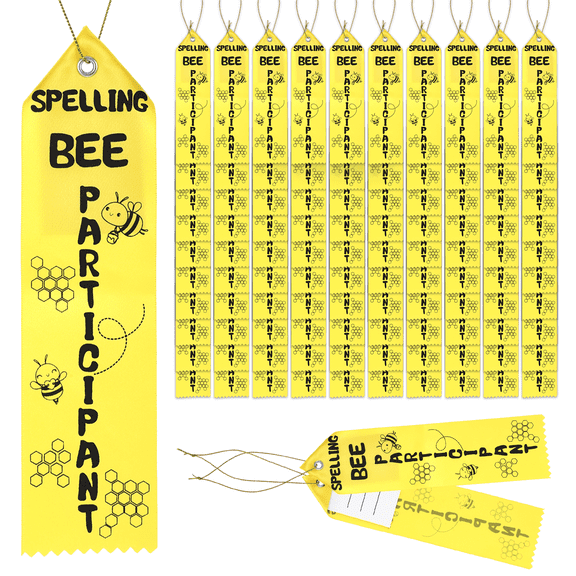 100 Pcs Spelling Bee Participant Ribbons with Cards and Lanyards, Yellow Bee Theme Award Ribbons, Contest Participation Prizes, Event Recognition Gift, Easy Display Keepsake