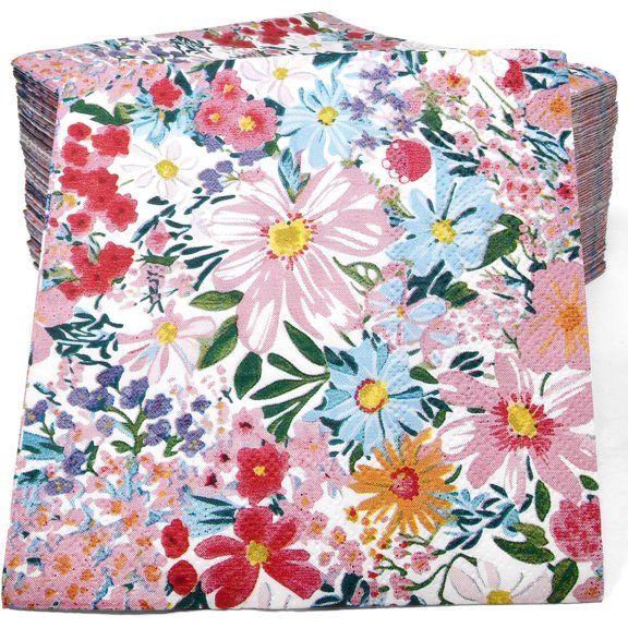 Gift Boutique Floral Cocktail Napkins, 100 Count 3-Ply Disposable Paper, Spring Flower Blossom Design, 5x5 Folded, Party Supplies