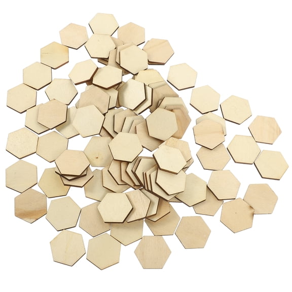 FUEENIRVA 100Pcs Unfinished Hexagon Wood Pieces for Crafts, Wedding Decor, Party Decorations, 3x2.5x0.2in