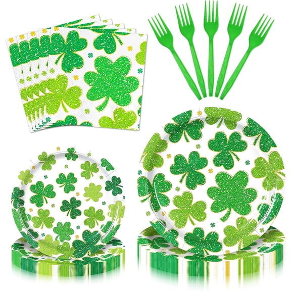100 Pcs St. Patricks Day Tableware Party Supplies  Disposable Shamrock Dinnerware Set with Paper Plates, Napkins, and Forks for Irish Party, St. Paddys Day Celebrations  Serves 25