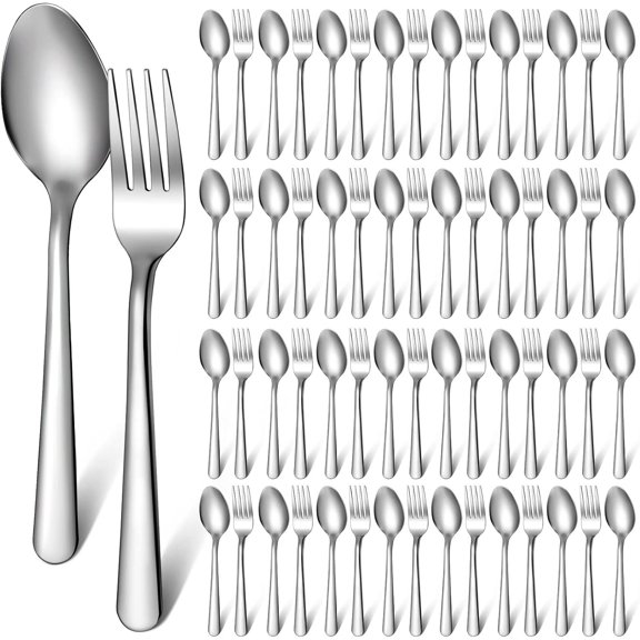 100 Pcs Stainless Steel Forks and Spoons Flatware Set Bulk 6.7'' Silverware Cutlery for Kitchen Home Restaurant Dishwasher Safe Mirror Polished 50 Dinner Forks 50 Teaspoons