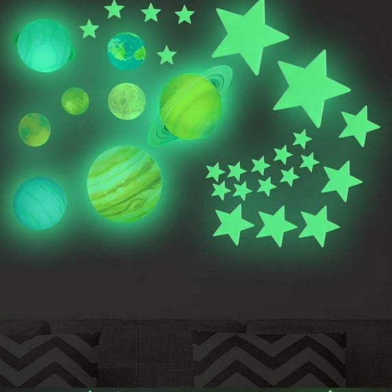100 Pcs Stars and Planets Luminous Wall Stickers - Glow in The Dark Planets, Bright Solar System Wall Stickers -Sun Earth Mars and so on Ceiling Decals for Bedroom Living Room