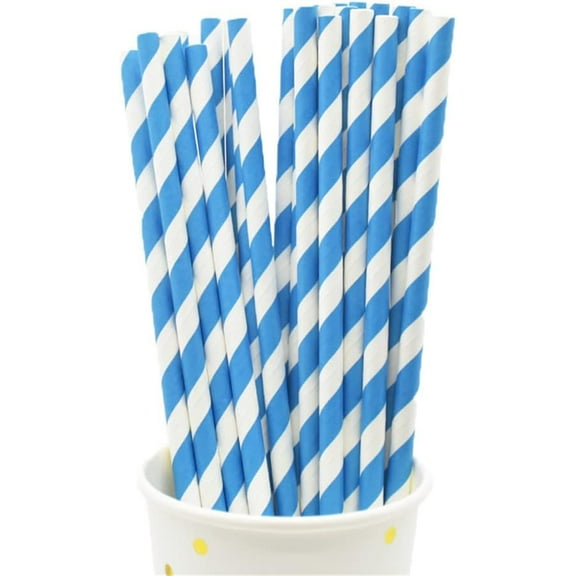 100 Pcs Stripes Disposable Paper Drinking Straws for Juice, Soda, Cocktails, Shakes - Great for Birthday Parties, Bridal Showers, Cake Pop Sticks -Biodegradable (Blue)