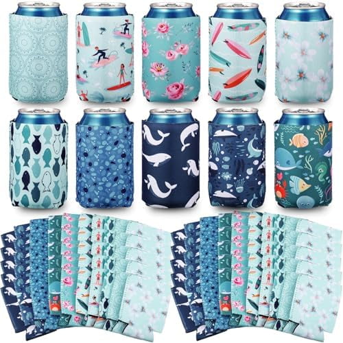 100 Pcs Summer Beer Can Cooler Sleeves Fresh Blue Neoprene Beach Drink Cooler Bulk Soft Insulated Reusable Collapsible Sublimation for Bachelorette Party Supplies$$Home Decor, Kitchen, & Other