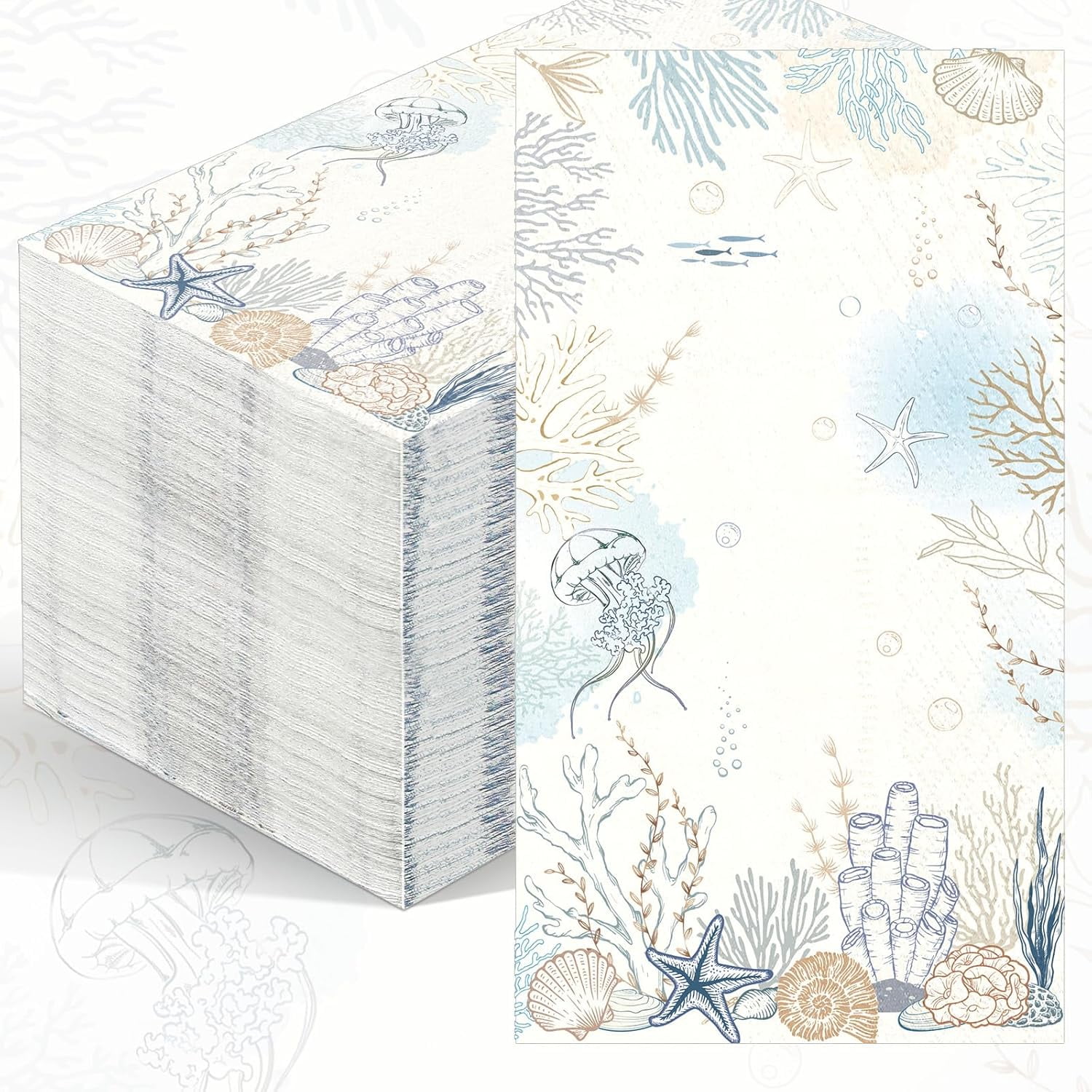100 Pcs Summer Ocean Paper Napkins Disposable Guest Towels for Bathroom Decoupage Decorative Napkins Paper Seashell Nautical Coral Hand Towels for Kitchen Wedding Dinner Party(Striped)
