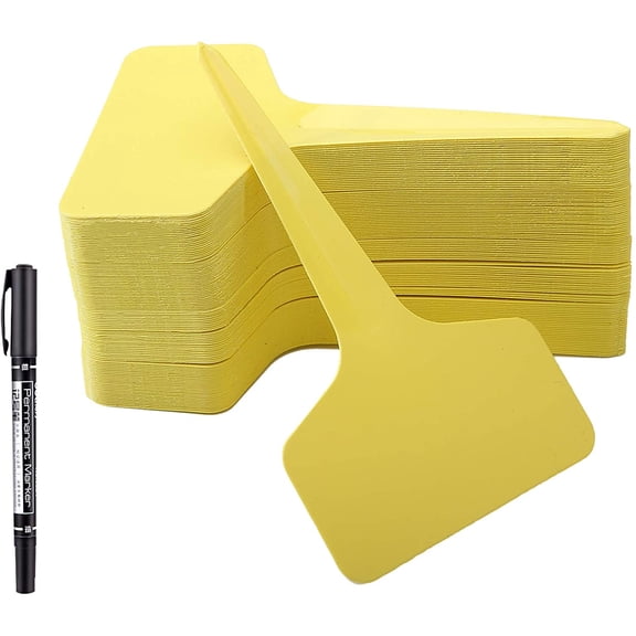 100 Pcs T-Type Plant Labels with a Gel Pen, Waterproof Nursery Tags Plastic Garden Markers, Yellow, 6 x 10cm