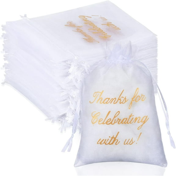 100 Pcs Thank You Bags Sheer Organza Bags Wedding Party Favor with Drawstring Thanks for Celebrating with Us Gift Wrap Mesh Mini Gift for Jewelry Makeup Candy Sachet(4 x 6 Inch,White)