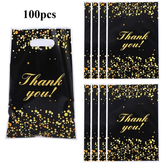 100 Pcs Thank You Gift Bags Bulk Black and Gold Plastic Bags with Handles Black Goodie Treat Shopping Wrap for Birthday Party Favors Small Business Merchandise Graduation, 6.7" x 9.8"