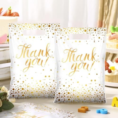 100 Pcs Thank You Gift Bags Bulk Gold Dots Plastic Bags with Handles Black Goodie Treat Shopping Wrap for Birthday Party Favors Small Business Merchandise Graduation,6.7" x 9.8" (White Gold)