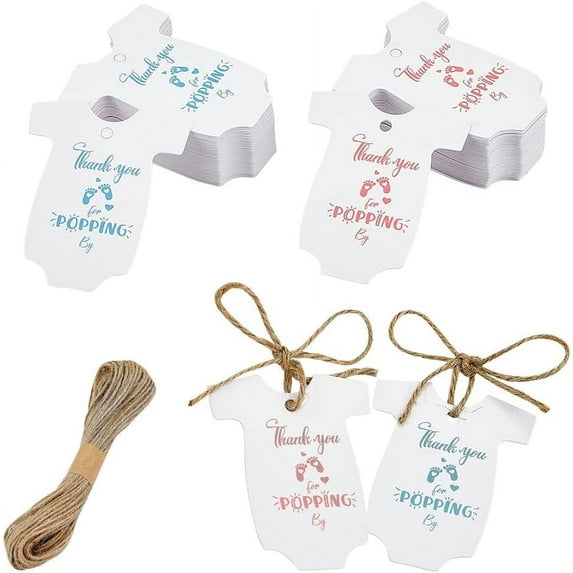 100 Pcs Thank You for Popping by-Tags Newborn Onesie Favors Labels High-end Cardstock Footprint Paper Gift with Jute Cord for Newborn Shower Birthday Party Favors Pink & Blue DIY