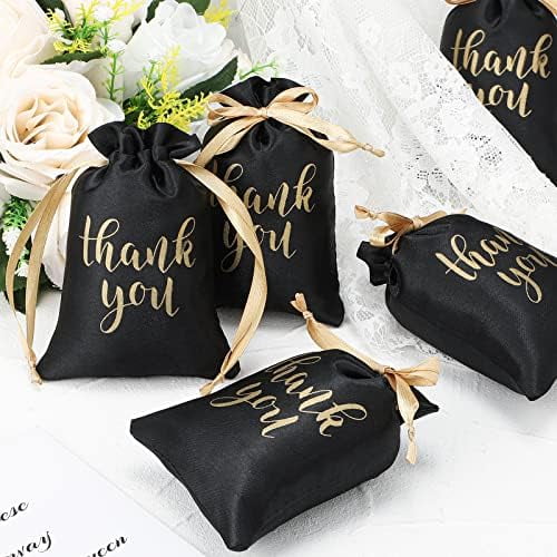 100 Pcs Thank You Satin Gift Bags Drawstring Jewelry Candy Pouches for Wedding Bridal Shower Baby Shower Favor Drawstring Bag for Birthday Holiday Party(4 x 6 Inch,Black)