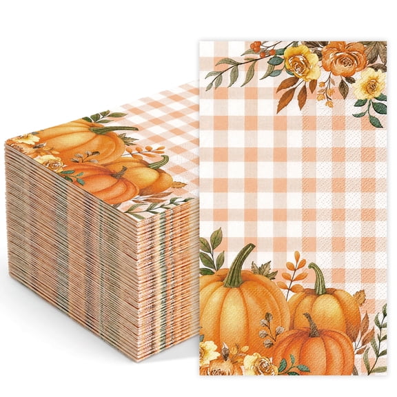 100 Pcs Thanksgiving Fall Pumpkin Paper Guest Napkins, 3-Ply Autumn Disposable Cocktail Napkin Paper with Pumpkin, Buffalo Plaid Dinner Hand Towel for Fall Thanksgiving Party Harvest Table Decor