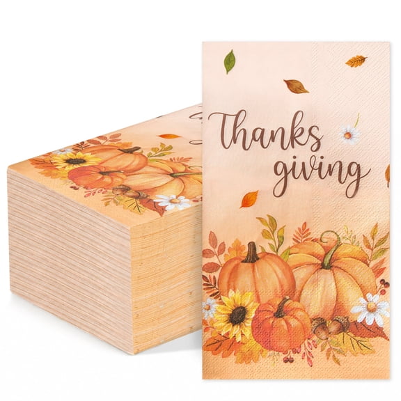 100 Pcs Thanksgiving Pumpkin Paper Guest Napkins, 3-Ply Fall Disposable Cocktail Napkins Paper with Autumn Leaf Daisy, Orange Guest Dinner Hand Towels for Fall Thanksgiving Party Harvest Table Decor