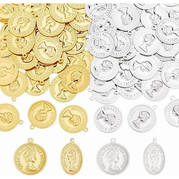 100 Pcs Tibetan Coins Queens Heads Beads 2 Colors Flat Round Metal Pendants Dangle Charms for DIY Earrings Bracelet Necklaces Crafting Jewelry Making Multi-color