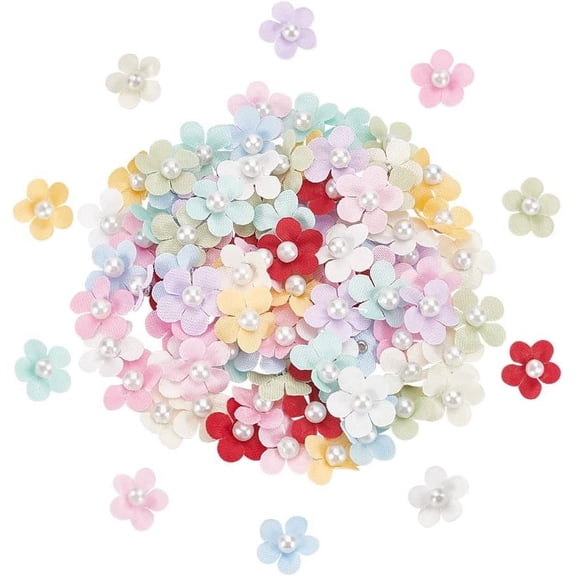 100 Pcs Tiny Pearls Satin Fabric Flowers 10 Colors Mini Pearls Fabric Flowers 0.5inch Polyester Small Pearls Cloth Flowers Crafting Flower with Iron Finding for DIY Handcraft Decor