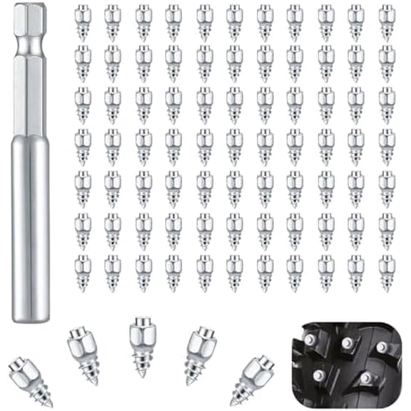 100 Pcs Tire Studs - 4 x 9mm Wheel Tyre Snow Studs with Installation Tool, Carbide Screw Tire Studs for Bicycle, Motorbike, ATV, UTV, Snow Boot, Anti-Slip Accessories