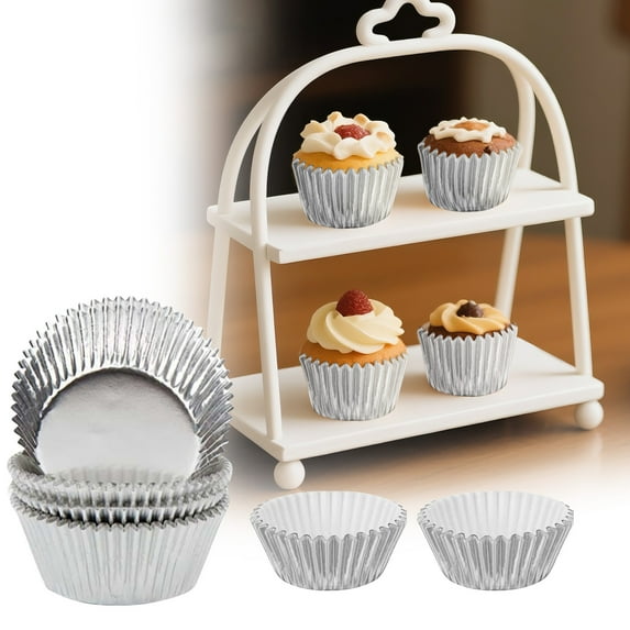 100 Pcs Tomafen Thick Aluminum Foil Baking Paper Cups, Oil Proof Cake Paper Holders For Muffin Cupcakes, Food Grade Heat Resistant Baking Liners In Tube Packaging For Home Baking