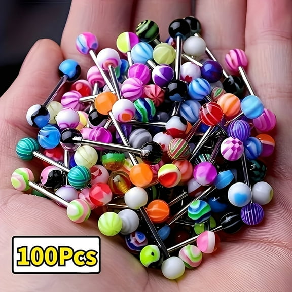 100 Pcs Tongue Rings, Stainless Steel Colorful Barbells Piercing Jewelry