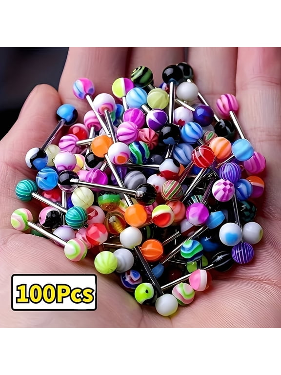100 Pcs Tongue Rings, Stainless Steel Colorful Barbells Piercing Jewelry