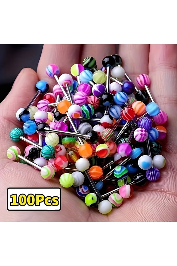 100 Pcs Tongue Rings, Stainless Steel Colorful Barbells Piercing Jewelry