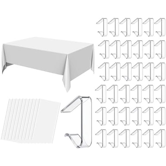 100 Pcs Transparent Clear Tablecloth Clips and 10 Pack Plastic Tablecloth 54 x 108 Inch Disposable Table Skirting Clips Table Cover for Parties Home Wedding Indoor Outdoor Camping Picnic