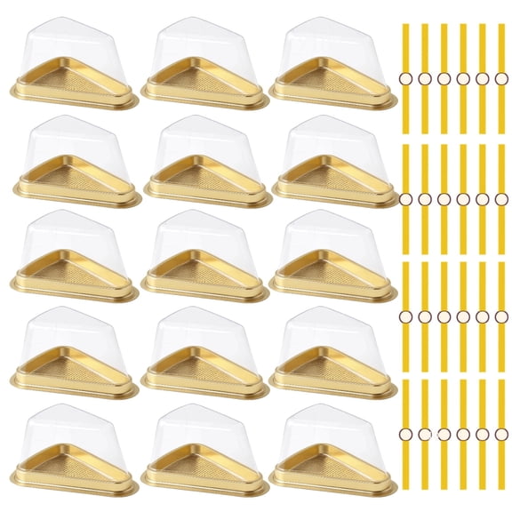 100 Pcs Triangular Cake Slice Containers with Lids and Packaging Sticker, Clear Plastic Dessert Wedge Boxes, Disposable Individual Serve Gold Base, For Bakery Takeout