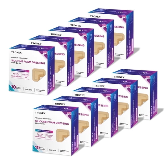 Tronex Silicone Foam Dressing, Adhesive Border, Waterproof, Sterile, Ultra Absorbent, 4”x4”, Pack of 100