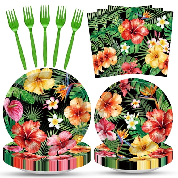 100 Pcs Tropical Hawaiian Luau Party Tableware Supplies Serves 25, Disposable Hibiscus Flower Palm Leaves Paper Plates Napkins, Green Forks for Summer Beach Pool Jungle Aloha Birthday Decorations VT4