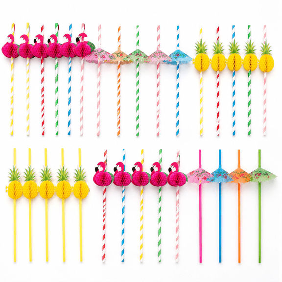 100 Pcs Tropical Honeycomb Straws, Flamingo Fruit Umbrella Pineapple Paper Straws for Luau Beach Pool Party, Hawaiian Drink Decor