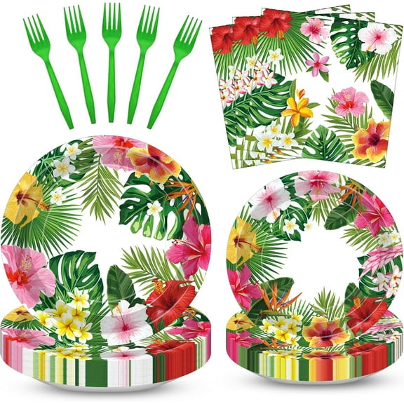 100 Pcs Tropical Luau Party Supplies Set, Serves 25 Disposable Hibiscus Floral Paper Plates, Napkins, and Forks, Hawaiian Themed Tableware for Summer BBQ, Pool and Beach Aloha Birthday Decorations