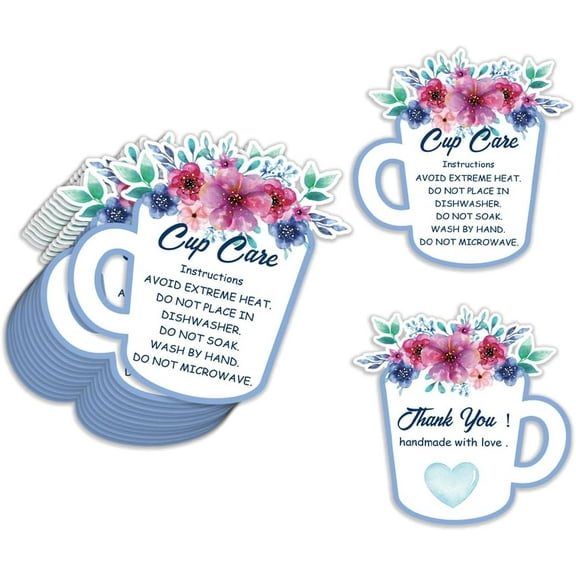 100 Pcs Tumbler Cup Cards Mug Shaped Cup Care Instructions Cards Flower Thank You Card Packaging Customer Directions Cards 3.3" x 2.2" Washing Instructions Card Cup Shop Package Insert