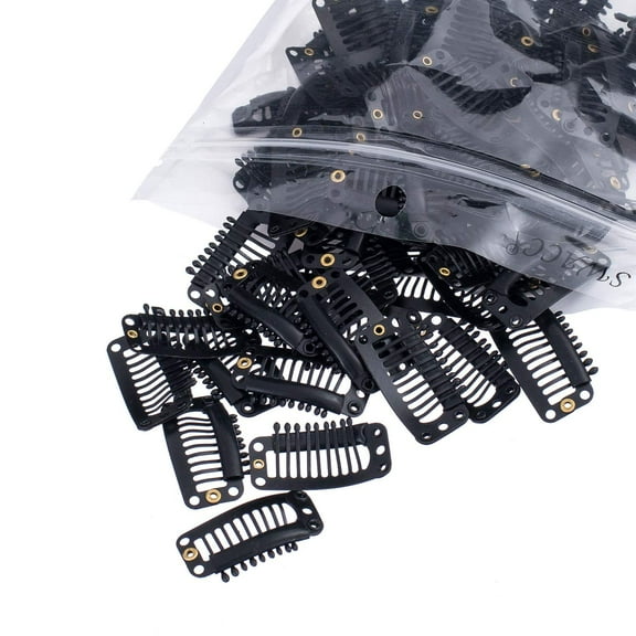 100 Pcs U Shape Metailic Snap Clips ins for Hair Extension Hairpiece DIY Snap-Comb Wig Clips with Rubber (Black, 9-Teeth 6 Holes)