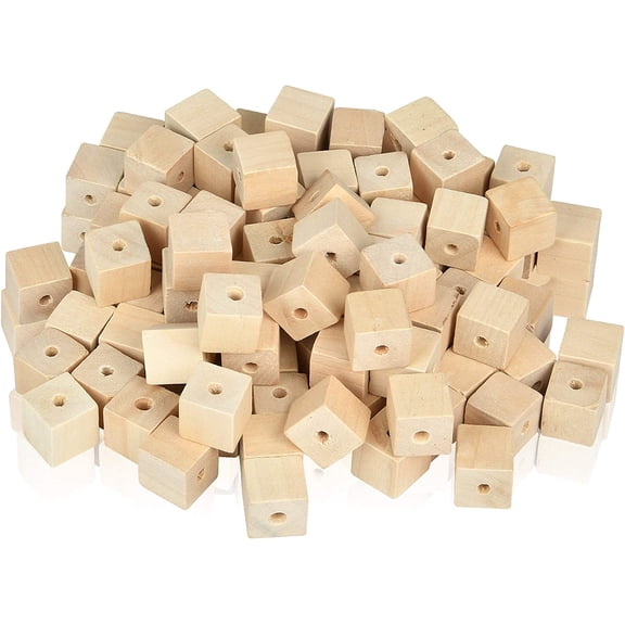 100 Pcs Unfinished Wood Craft Cubes 14mm Square Blocks With Holes For DIY Projects