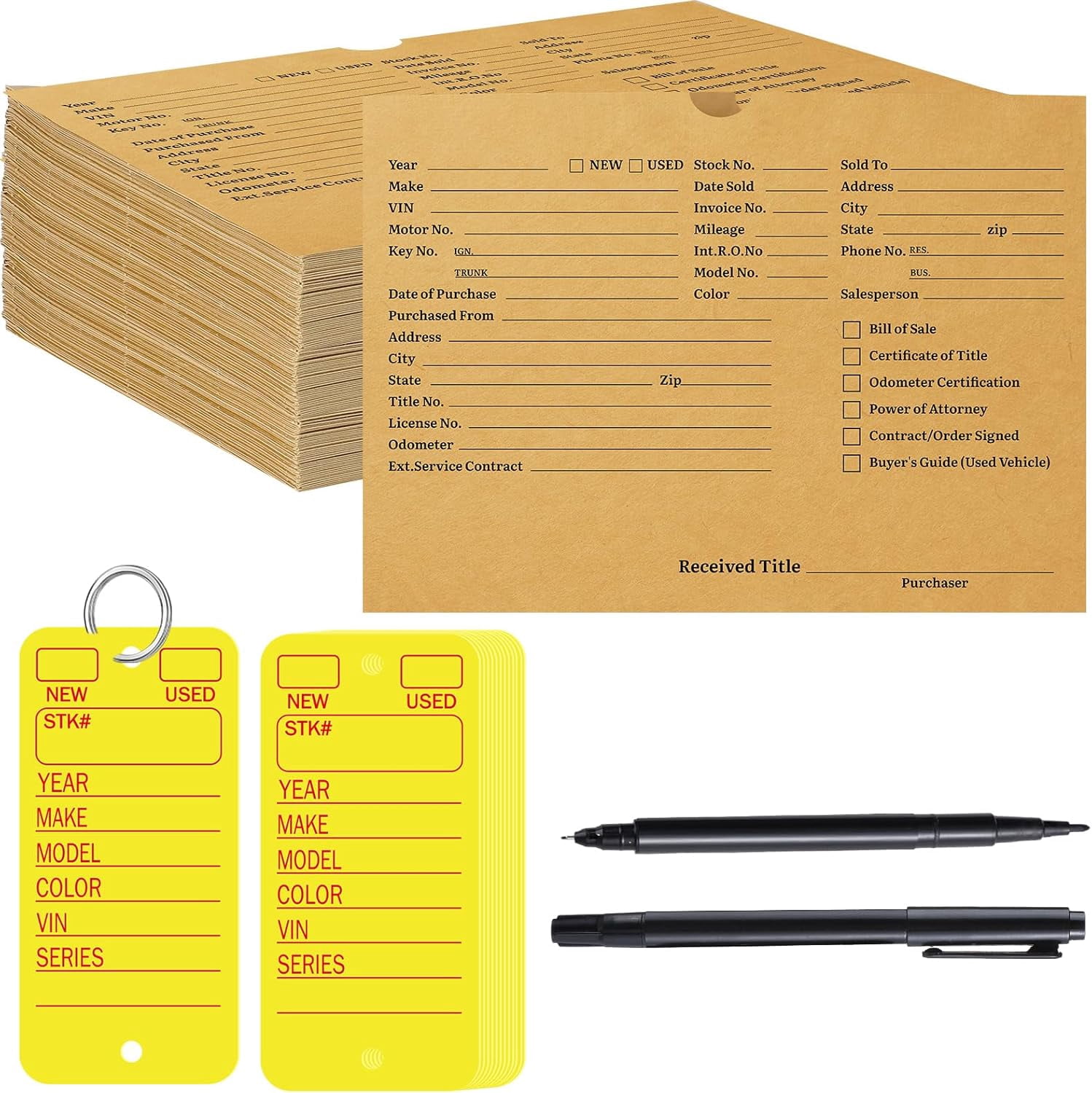 100 Pcs Vehicle Dealer Jackets 9 x 12 Inches Printed Vehicle Deal Envelopes 100 Pcs Car Key Tags with Rings 2 Pens for Office Car Subscribe Order Dealership Operations Accessory(Yellow)