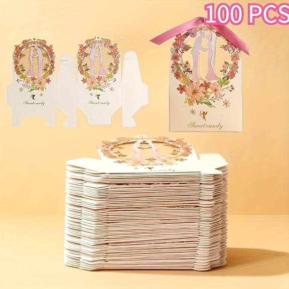 100 Pcs Wedding Favor Candy Boxes with Ribbon Handles, Elegant Floral Bride Groom Gift Boxes, Paper Treat Boxes for Wedding Bridal Shower Engagement Party Candy Chocolate Packaging
