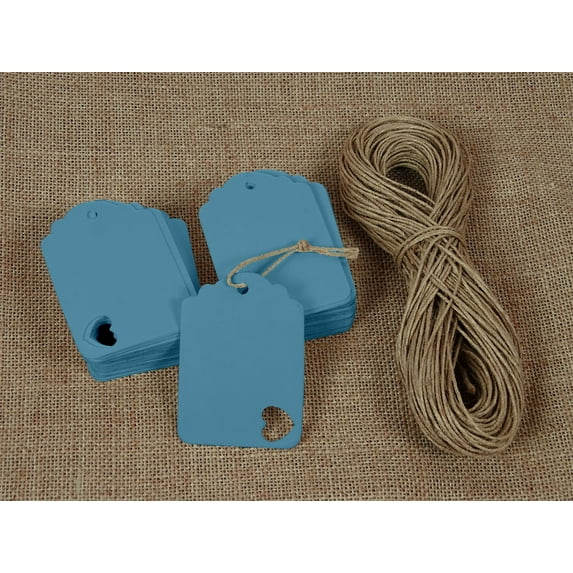 100 Pcs Wedding Favor Hang Tag Rectangular Shape Heart Punched Gift Tags with Free Natural Jute Twine - Colors Available