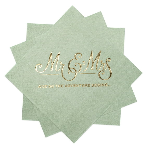 MyMealivos 100 Pcs Wedding Napkins Disposable, Gold Foil Mr and Mrs Sage Green Cocktail Napkins for Wedding Dinner Party