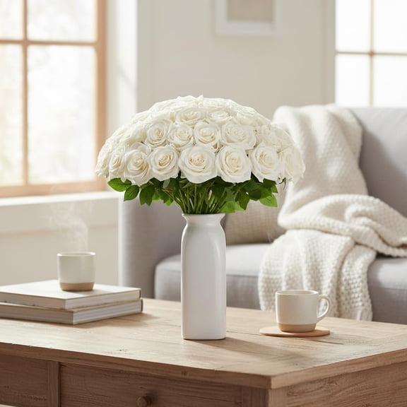 100 Pcs White Artificial Flowers Bulk, Ivory Silk Fake Roses with Long Stem for Wedding Decoration, Bridal Bouquets, Flower Wall, Party Table Centerpieces, Home Decor