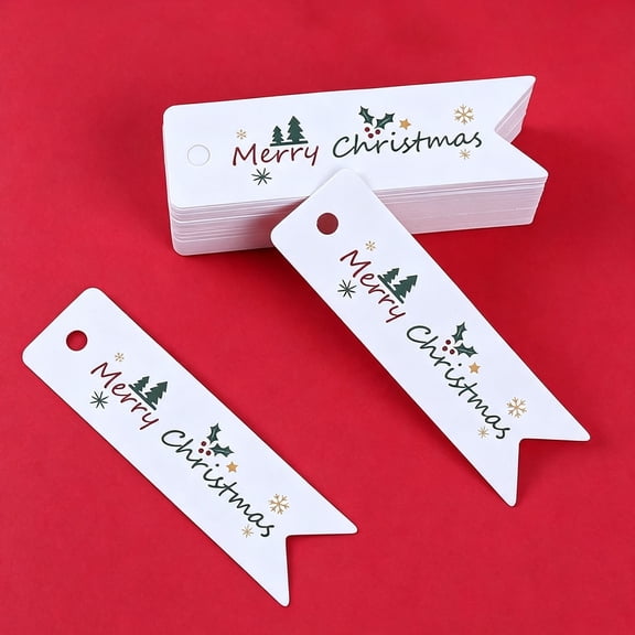 100 Pcs White Christmas Gift Tags 7x2cm(2.76x0.79INCH) - Christmas Tree Holly Print Swallowtail Tags, Pre-Punched Blank Back for Writing, for Holiday Gifts, Party Favors & Bakery Packaging